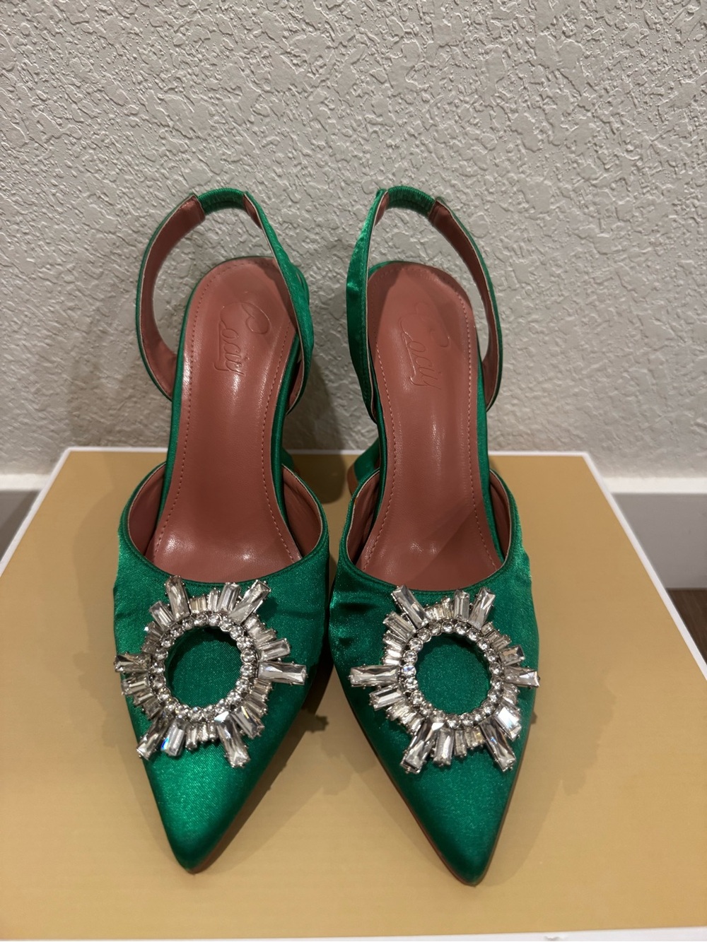 Emerald Satin Pointed Slingback Heels with Crystal Sunburst